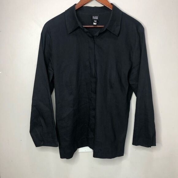 Eileen Fisher Linen Navy Button Down Shirt Size Large - Picture 6 of 10